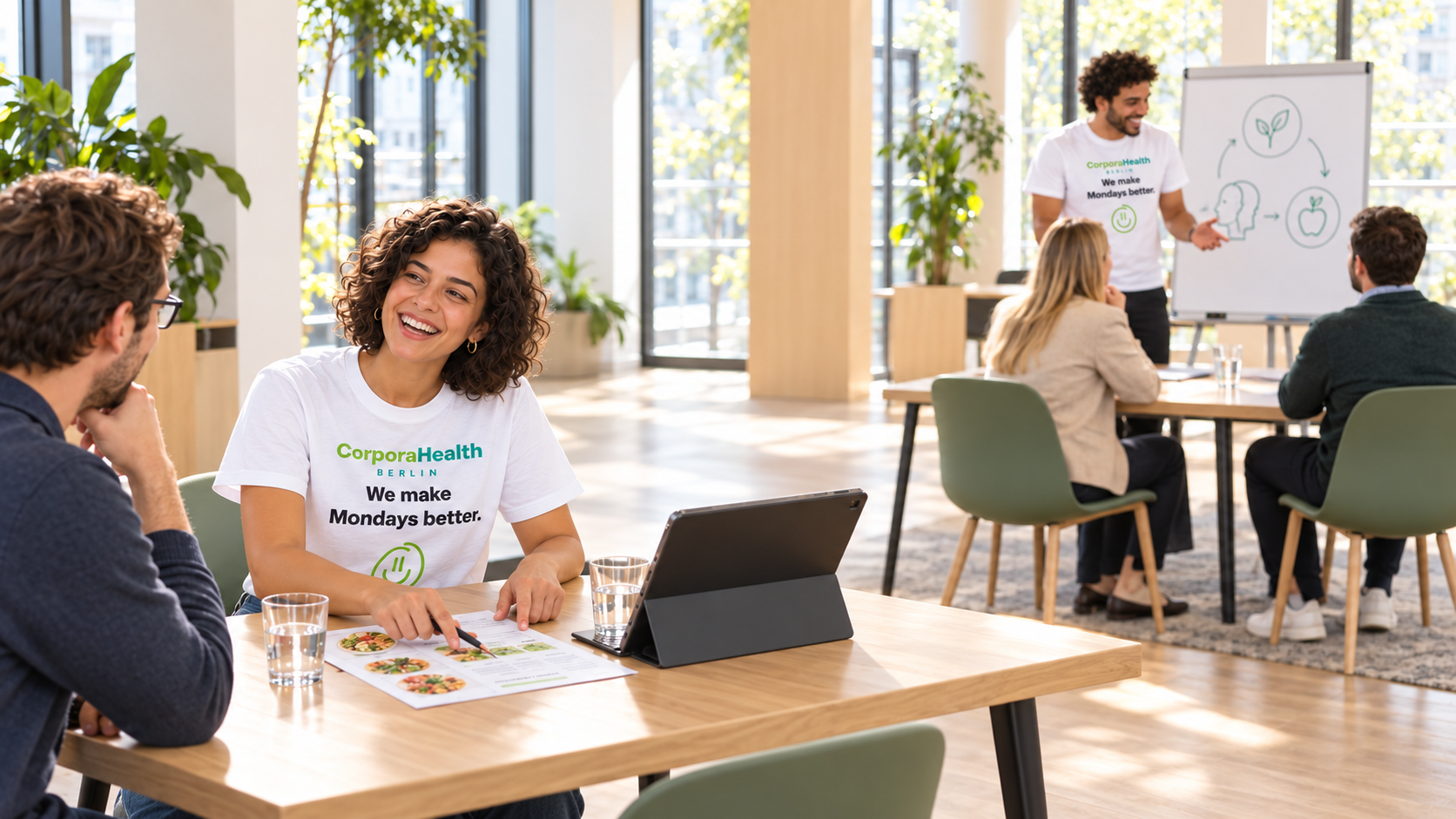 Ruhiger Gesundheitstag im hellen Büro: Eine Beraterin im CorporaHealth-Shirt berät am Tisch, im Hintergrund leitet ein Kollege einen Workshop am Flipchart