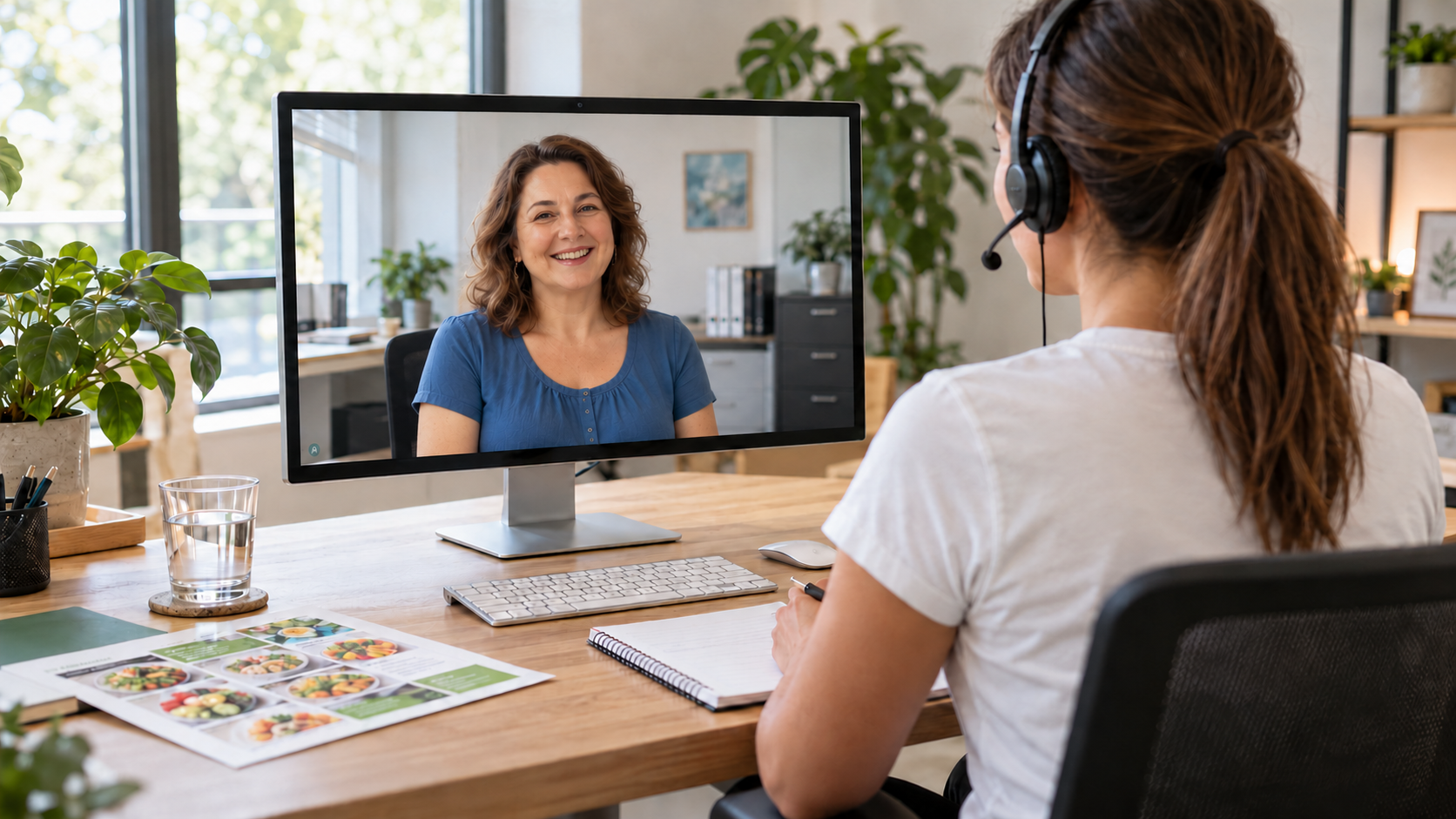 Ernährungsberatung per Videoanruf: Eine Beraterin mit Headset notiert am Schreibtisch, während auf dem Monitor eine Klientin zu sehen ist